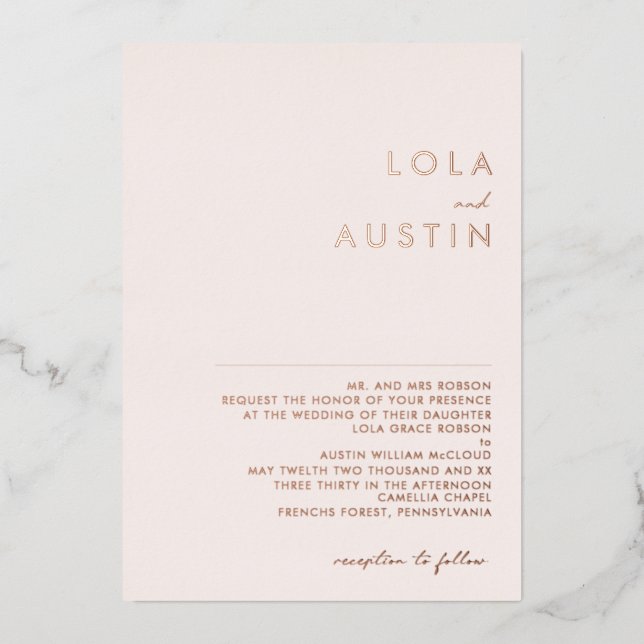 Modern | Rose Gold Blush Traditional Wedding Real  Foil Invitation (Front)
