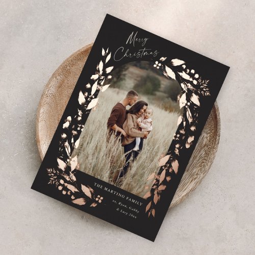 Modern Rose Gold Boho Wildflower Arch Photo  Foil Holiday Card