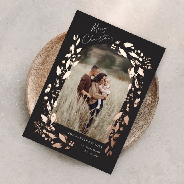 Modern Rose Gold Boho Wildflower Arch Photo  Foil Holiday Card (Boho wildflower arch photo christmas holiday card with elegant script and foil pressed foliage.)