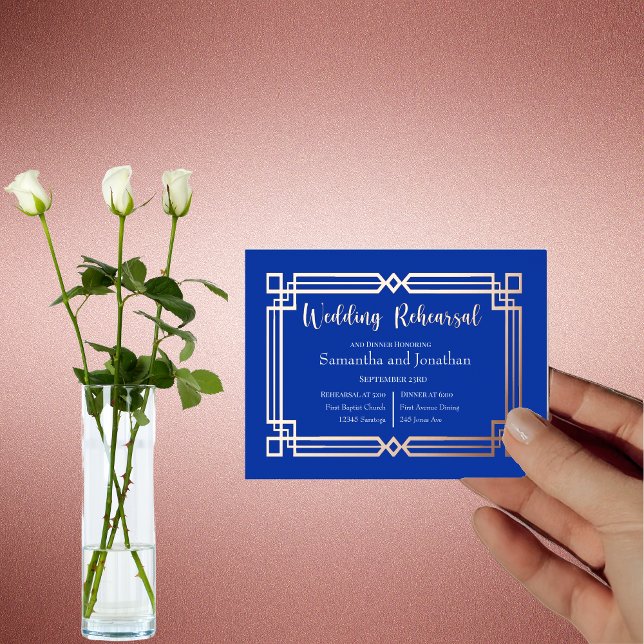 Modern Rose Gold Border Navy Blue Rehearsal Card (Creator Uploaded)