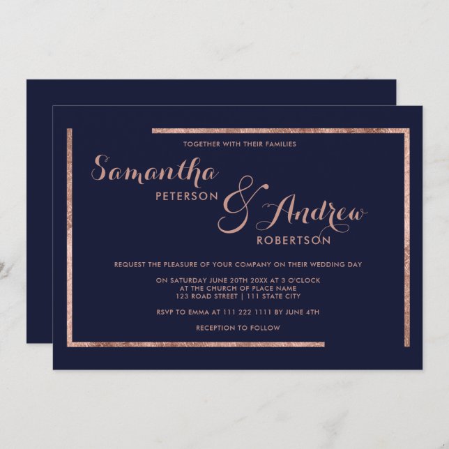 Modern rose gold border navy blue script wedding invitation (Front/Back)