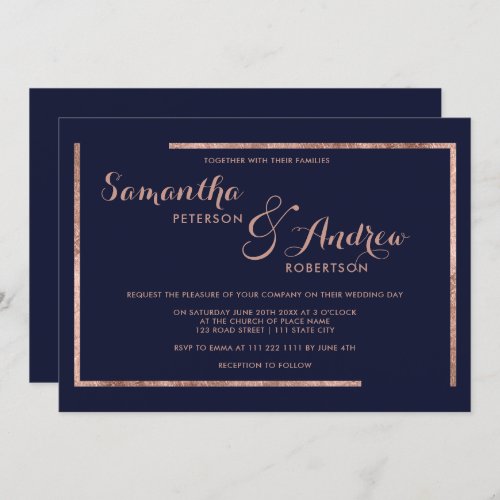 Modern rose gold border navy blue script wedding invitation