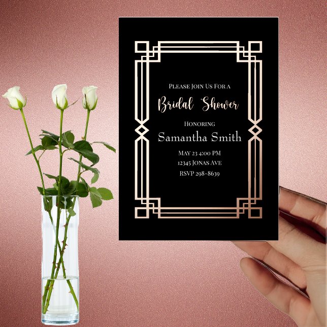 Modern Rose Gold Border on Black Bridal Shower Foil Invitation (Creator Uploaded)