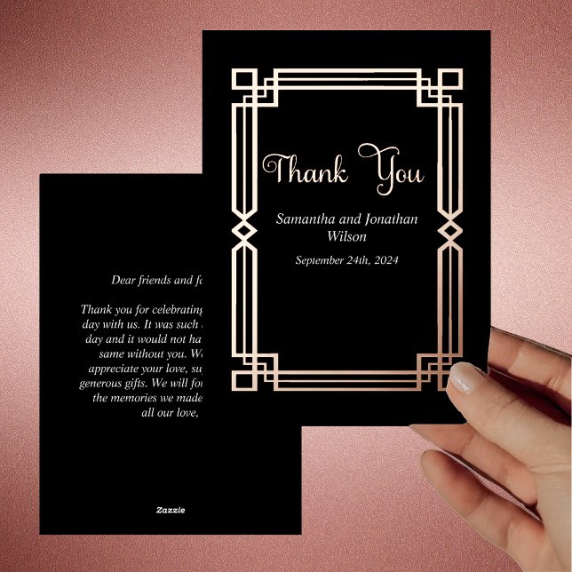 Modern Rose Gold Border on Black Thank You Card (Creator Uploaded)