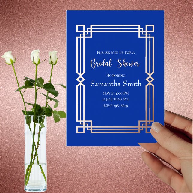 Modern Rose Gold Border on Navy Blue Bridal Shower Foil Invitation (Creator Uploaded)