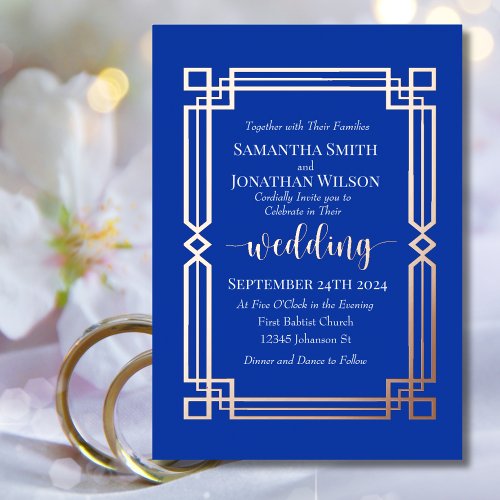 Modern Rose Gold Border on Navy Blue Wedding Real Foil Invitation