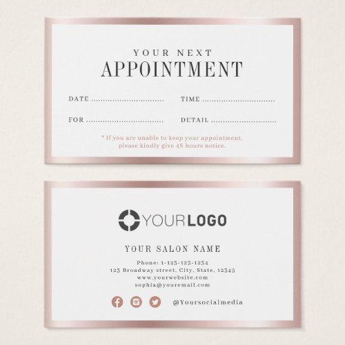 Modern rose gold border salon appointment card