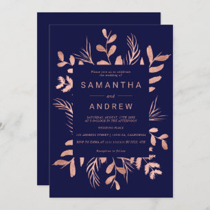 Modern rose gold botanical leaf navy blue wedding invitation