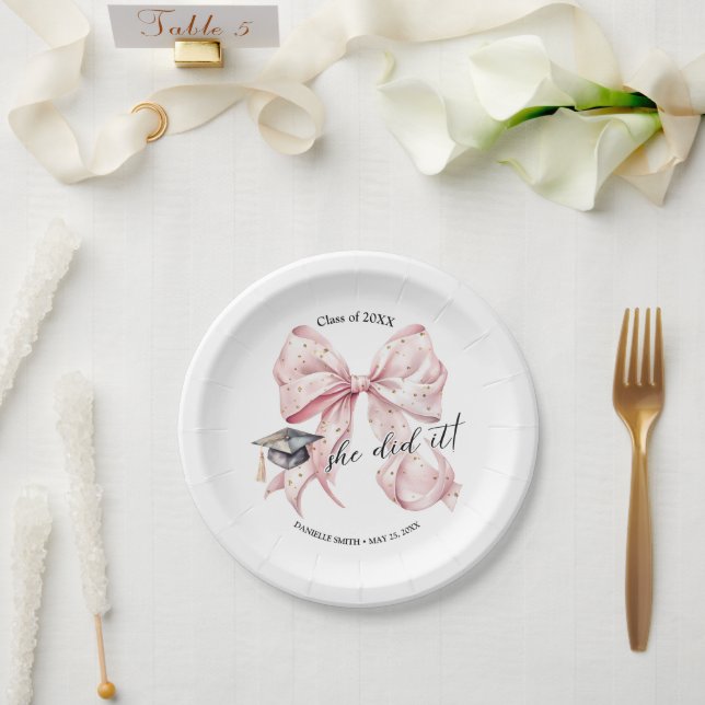 Modern Rose Gold Bow She Did It Paper Round Plate (Wedding)