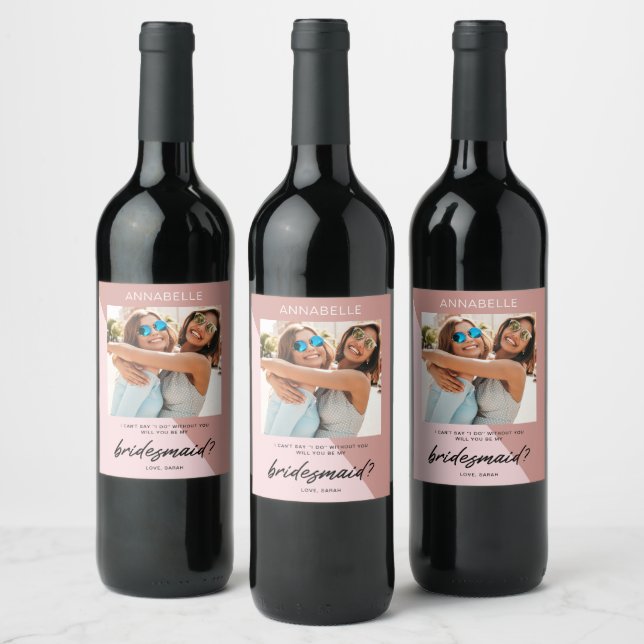 Modern Rose Gold Bridesmaid Proposal Wine Label (Bottles)