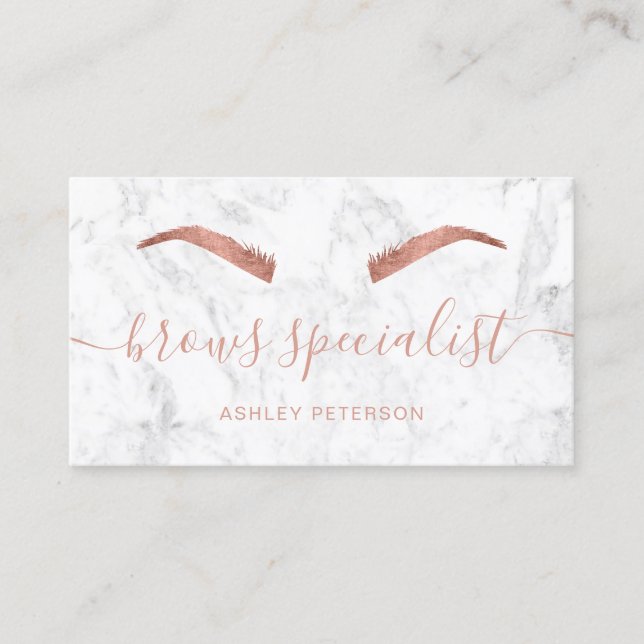 Modern rose gold brows trendy white marble business card (Front)