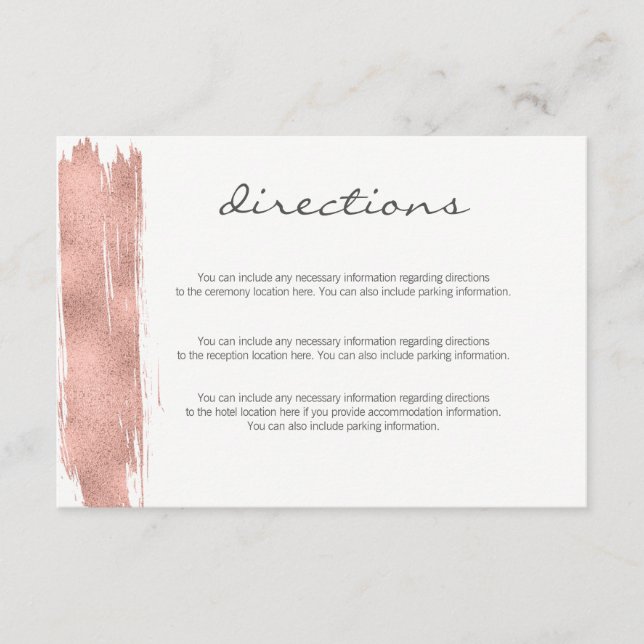 Modern Rose Gold Brush Directions Enclosure Card (Front)