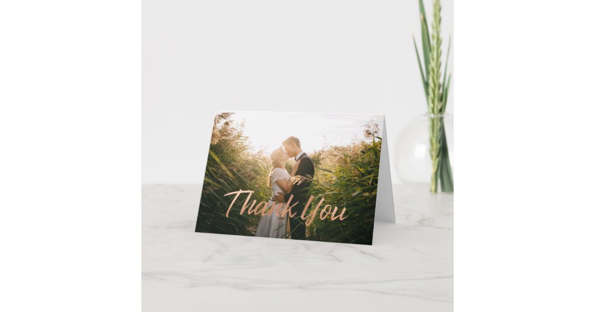 Modern Rose Gold Brush Script Wedding Photo Thank You Card | Zazzle