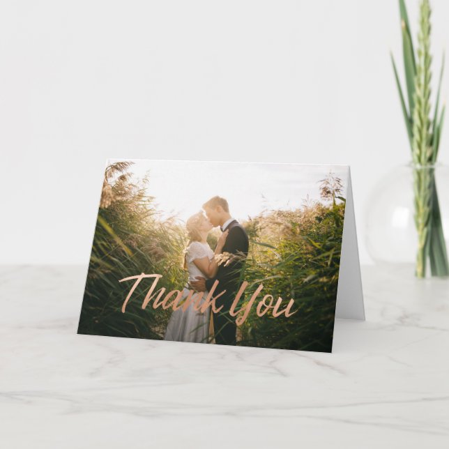 Modern Rose Gold Brush Script Wedding Photo Thank You Card (Front)