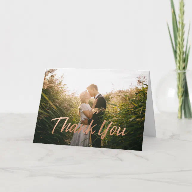 Modern Rose Gold Brush Script Wedding Photo Thank You Card | Zazzle