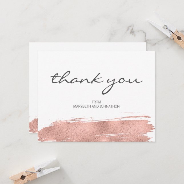 Modern Rose Gold Brush Wedding Thank You Card (Front/Back In Situ)
