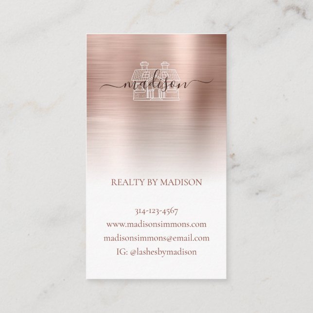 Modern Rose Gold Brushed Metal Custom Logo Brand B Business Card (Back)