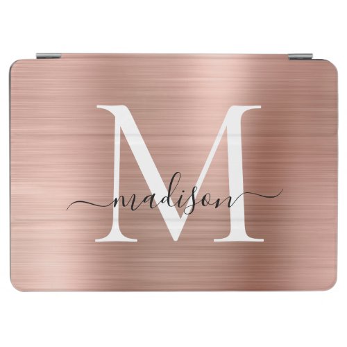 Modern Rose Gold Brushed Metal Monogram Script iPad Air Cover