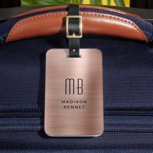 Modern Rose Gold Brushed Metal Monogrammed Luggage Tag