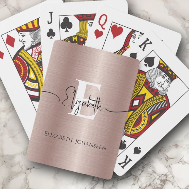 Modern Rose Gold Brushed Metal Script Monogrammed Poker Cards (Creator Uploaded)