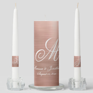Modern Rose Gold Brushed Metallic Monogram Wedding Unity Candle Set