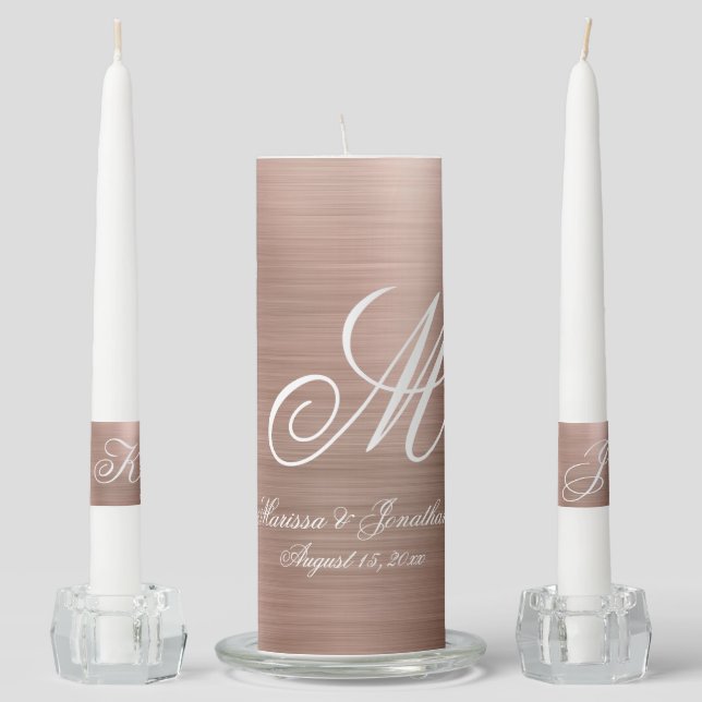Modern Rose Gold Brushed Metallic Monogram Wedding Unity Candle Set (Front)