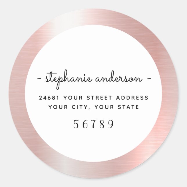 Modern Rose Gold Brushed Metallic Personalized Classic Round Sticker (Front)