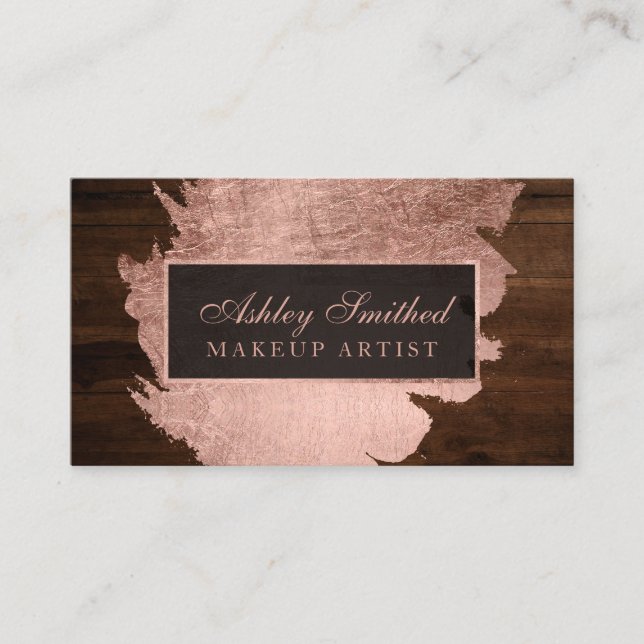 Modern rose gold brushstroke rustic wood makeup business card (Front)