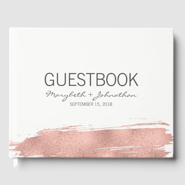 Modern Rose Gold Brushstroke Wedding Guest Book (Front)
