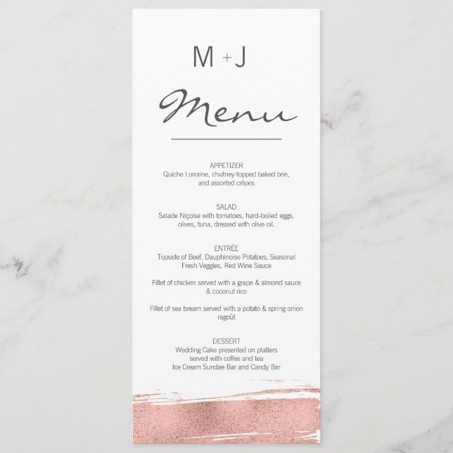 Modern Rose Gold Brushstroke Wedding Menu Card (Front)
