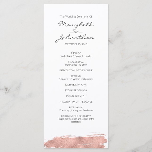 Modern Rose Gold Brushstroke Wedding Program (Front)