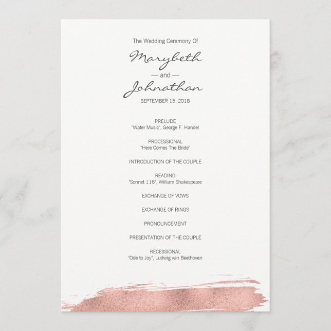 Modern Rose Gold Brushstroke Wedding Program (Front)
