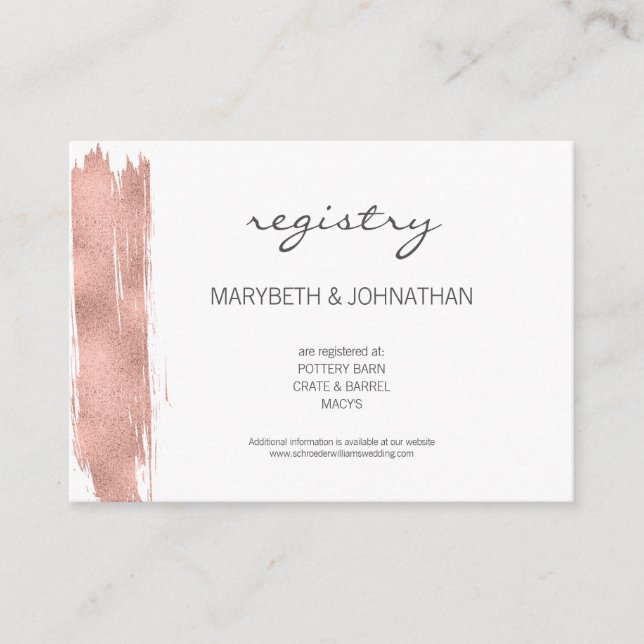 Modern Rose Gold Brushstroke Wedding Registry Card (Front)