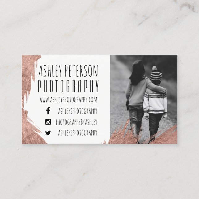 Modern rose gold brushstrokes simple photography business card (Front)
