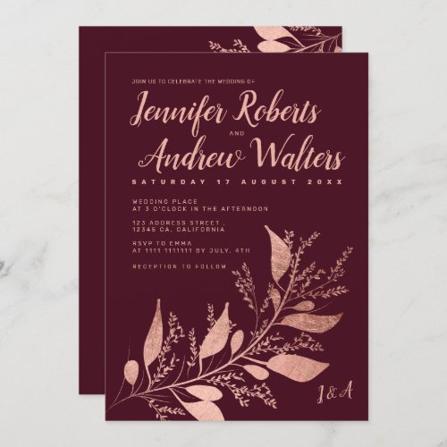 Modern rose gold burgundy branch script wedding invitation