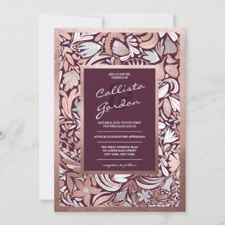 Modern Rose Gold Burgundy Wedding Invitation with Floral Botanical design