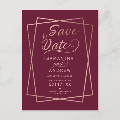 Modern rose gold burgundy geometric save the date announcement postcard