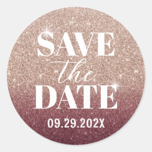 Modern Rose Gold & Burgundy Glitter Save the Date Classic Round Sticker