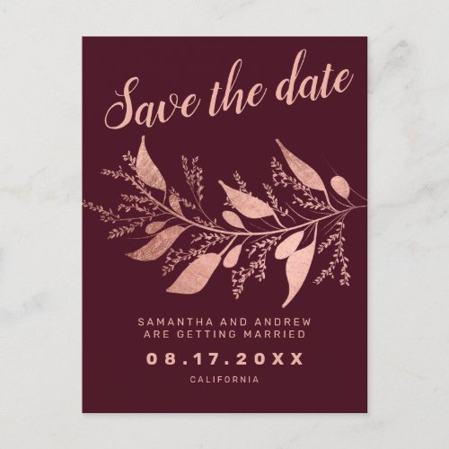 Modern rose gold burgundy save the date wedding announcement postcard