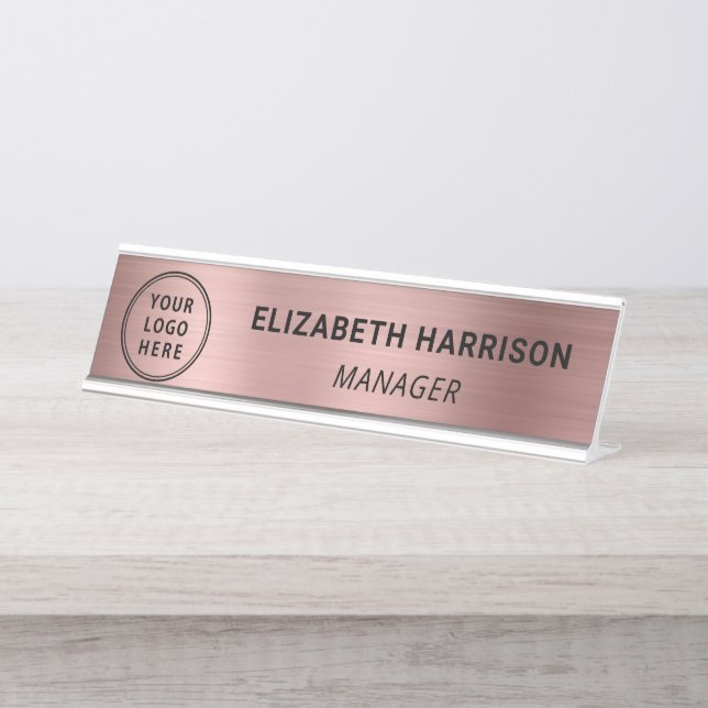 Modern Rose Gold Business Logo Desk Name Plate (Front)