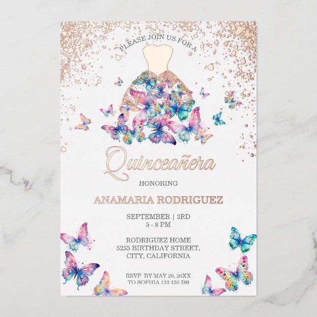 Modern Rose Gold Butterfly Gown Quinseanera  Foil Invitation (Front)