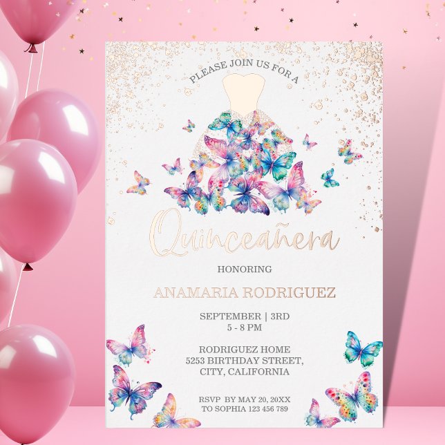Modern Rose Gold Butterfly Gown Quinseanera  Foil Invitation (Creator Uploaded)