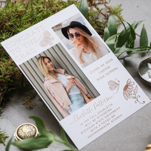Modern Rose Gold Butterfly Script Graduation Photo Foil Invitation