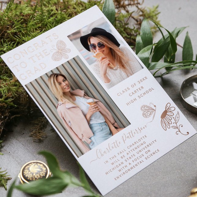 Modern Rose Gold Butterfly Script Graduation Photo Foil Invitation (Creator Uploaded)