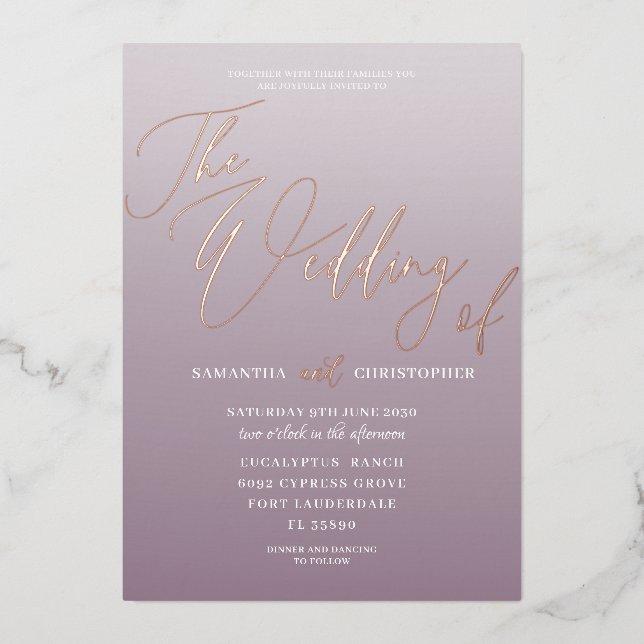 Modern Rose Gold Calligraphy & Mauve  Foil Invitation (Front)
