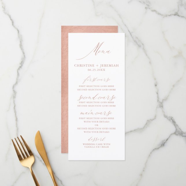 Modern Rose Gold Calligraphy Metallic Wedding Menu (Front/Back In Situ)