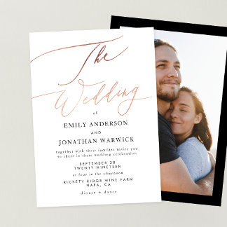 Modern Rose Gold Calligraphy Photo Wedding Invitation