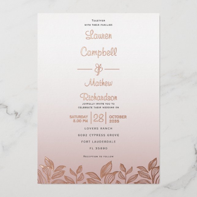 Modern Rose Gold Calligraphy The Wedding Of  Foil Invitation (Front)
