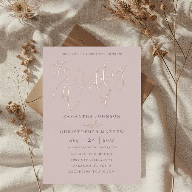 Modern Rose Gold Calligraphy Wedding Foil Invitation (Creator Uploaded)