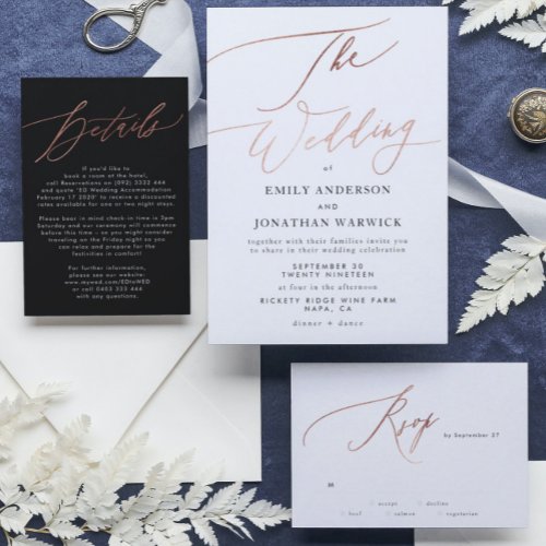 Modern Rose Gold Calligraphy Wedding Invitation